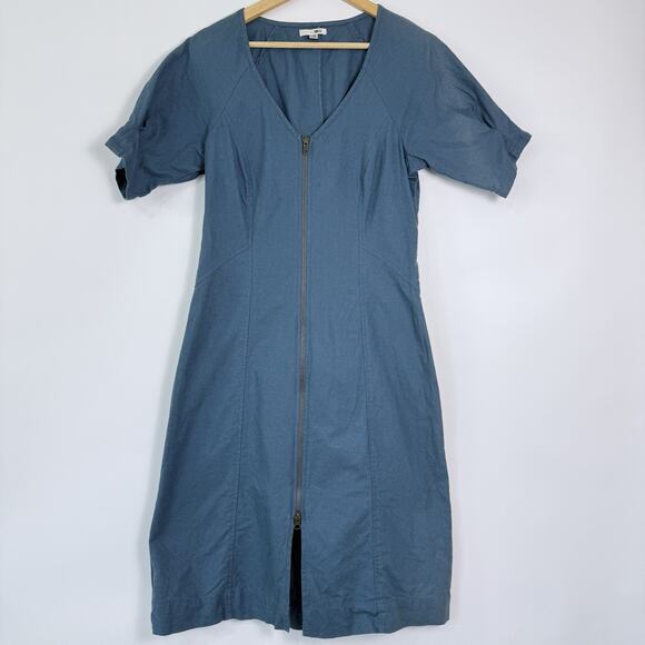 Amuse‎ Society Zip Front Midi Dress Size M Dusty Blue Pleated Puff Sleeves Retro - Picture 1 of 9